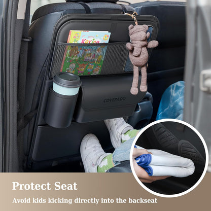 Coverado Car Backseat Organizer(2 Packs) with Tablet Tray, Nappa Leather Organizer for Car Seat Back, Waterproof Car Seat Organizer with Touch Screen, Seat Protector Kick Mats for Kids