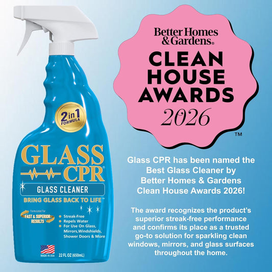 Glass CPR 2-in-1 Glass Cleaner and Water Repellent, 22 oz Spray plus 2 Microfiber Applicator Towels, Streak-Free for Shower Doors, Windshields, Mirrors, Hard Water Stain Formula, Made in USA