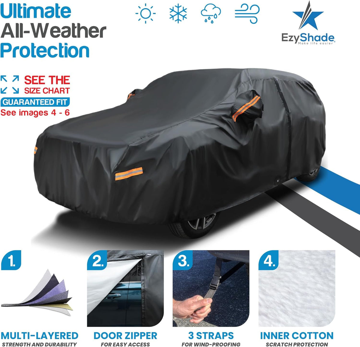 EzyShade 10-Layer Car Cover Waterproof All Weather - See Vehicle Size-Chart - Car Covers for Automobiles & Car Snow Cover - Full Exterior Covers - Winter Rain Sun SUV Sedan. Size A4 (See SizeChart)