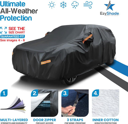 EzyShade 10-Layer Car Cover Waterproof All Weather - See Vehicle Size-Chart - Car Covers for Automobiles & Car Snow Cover - Full Exterior Covers - Winter Rain Sun SUV Sedan. Size A4 (See SizeChart)