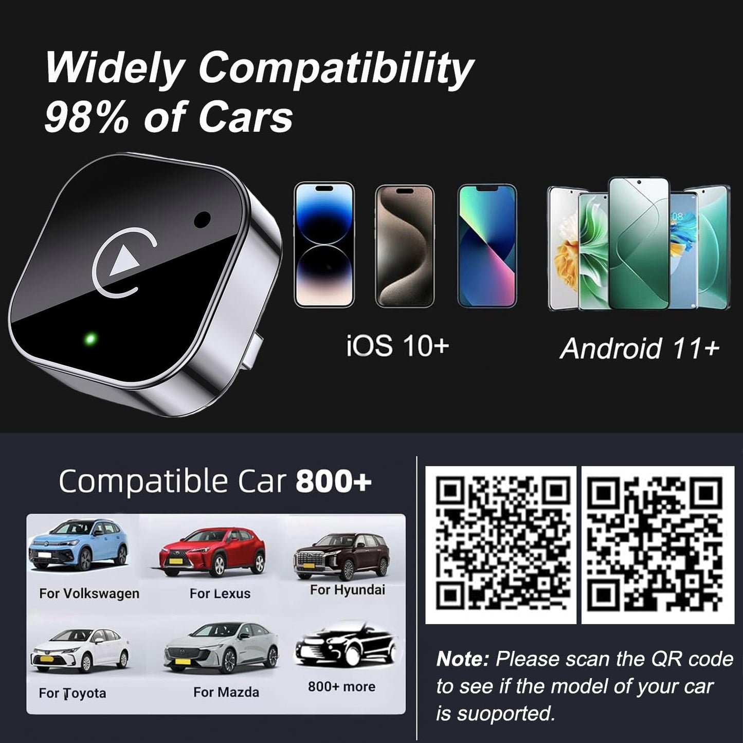 2-in-1 Wireless CarPlay & Android Auto Adapter, Plug & Play CarPlay Dongle Converts Wired to Wireless, Fast Auto-Connect, No Delay, Compact Design for iPhone & Android with USB/USB-C Port(Black)