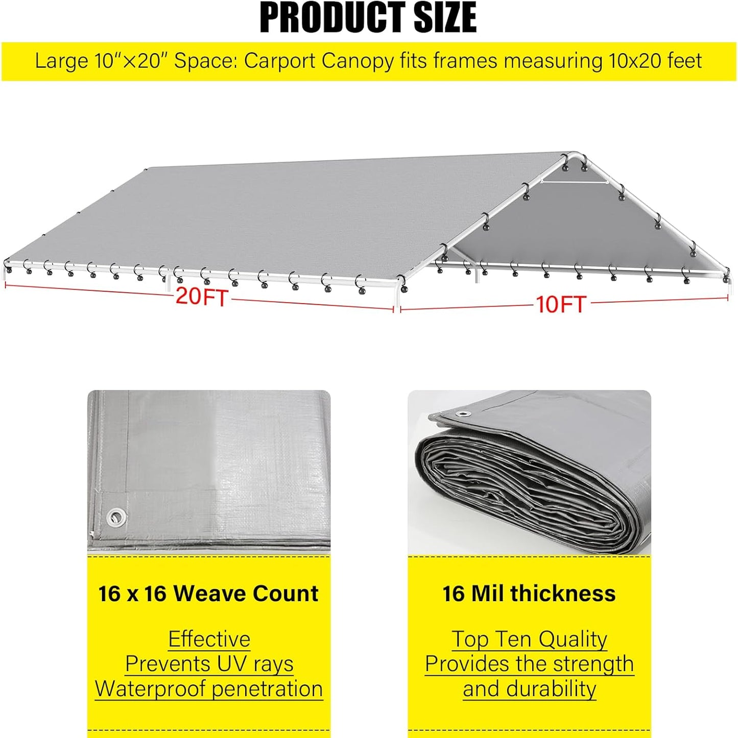 10 x 20 Ft Carport Replacement Canopy Cover Garage Top Tent Shelter Tarp with Free 48 Ball Bungee Cords,White(Only Cover, Frame Not Include)