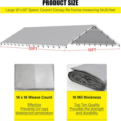 10 x 20 Ft Carport Replacement Canopy Cover Garage Top Tent Shelter Tarp with Free 48 Ball Bungee Cords,White(Only Cover, Frame Not Include)