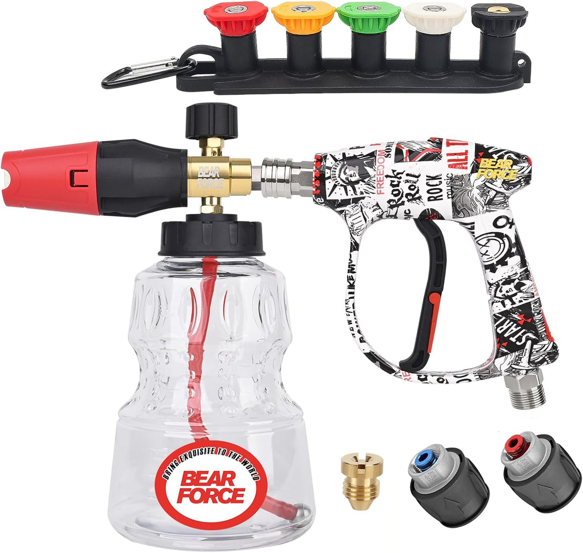 BEAR FORCE Pressure Washer Short Spray Gun M22-ID14mm Max 3000 PSI & Foam Cannon Foam Gun with 5 Tips #035 & 3/8'' Quick Connector Swivel, Additional Orifice Nozzle 1.10mm, Car Care Detailing