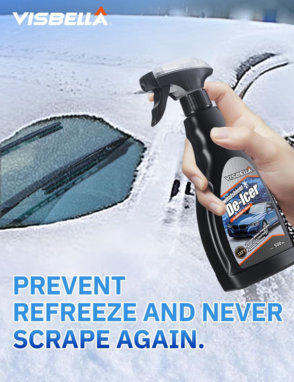 Visbella De-Icer Spray for Windshield & Wipers Extreme Winter Protection Melts Ice & Frost Fast Prevents Refreeze (-113℉, 16.9 Fl.Oz.)