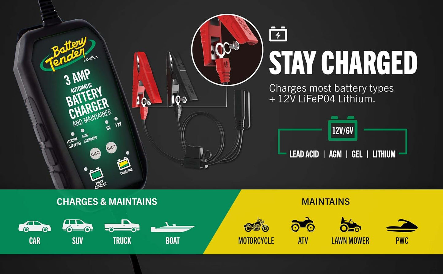 Battery Tender 3 AMP Battery Charger and Maintainer - Automotive Switchable 12V or 6V Smart Automatic for Cars SUVs and Trucks - Lead Acid, AGM, Gel, & Lithium Battery Charger - 022-0202-COS