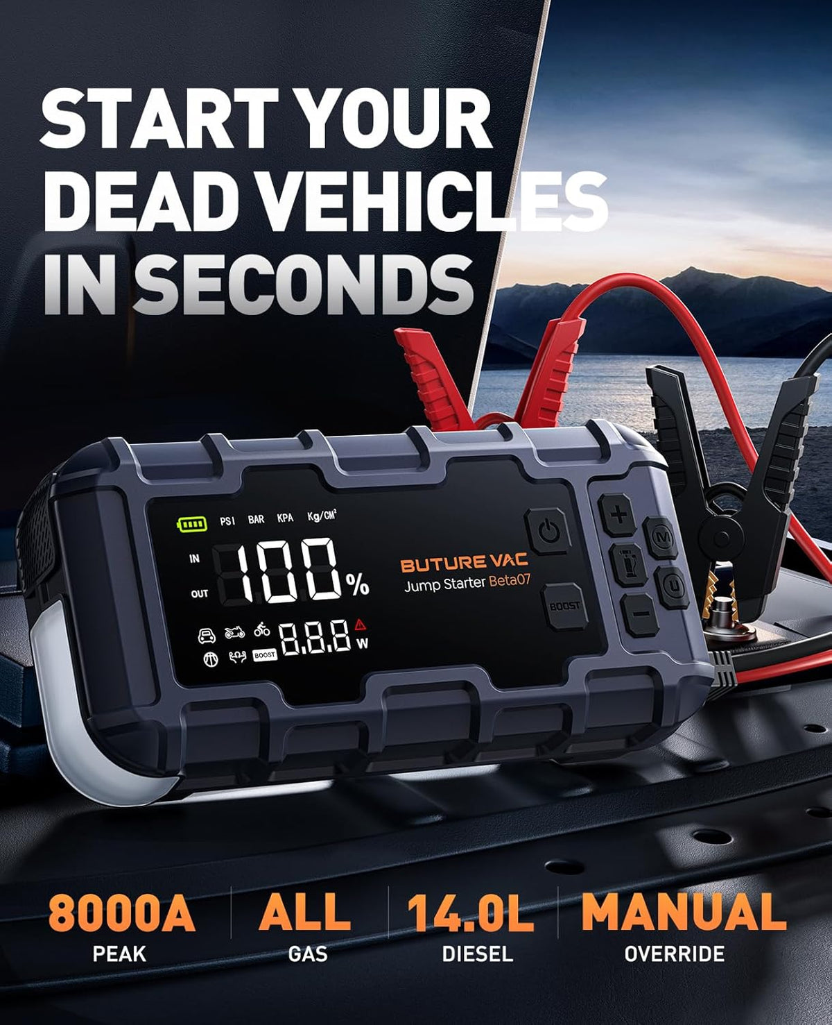 Portable 10-in-1 Car Battery Jump Starter with Air Compressor 8000A 160PSI 45W Charger, Jump Starter Jump Box (All Gas 14L Diesel), Car Battery Jumper Starter Portable Jumper Cables, Gloves, Lights