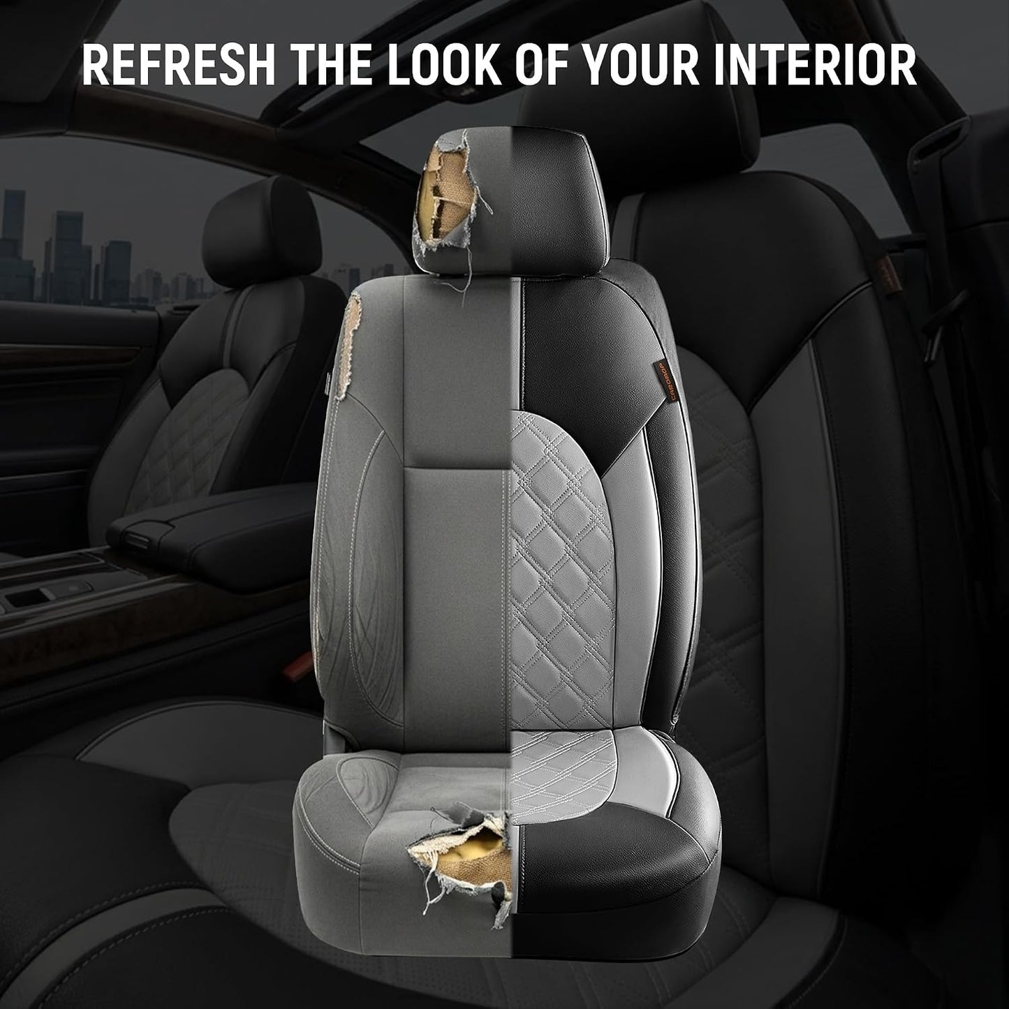 CAROMOP Luxury PU Leather Car Seat Covers Full Set-Waterproof Seat Protectors with Split Bench Seat Covers for Cars-Universal Cars Interior Covers for Sedans, SUVs, Pick-up Trucks(Gray/Gray Line)