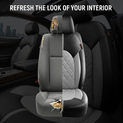 CAROMOP Luxury PU Leather Car Seat Covers Full Set-Waterproof Seat Protectors with Split Bench Seat Covers for Cars-Universal Cars Interior Covers for Sedans, SUVs, Pick-up Trucks(Gray/Gray Line)