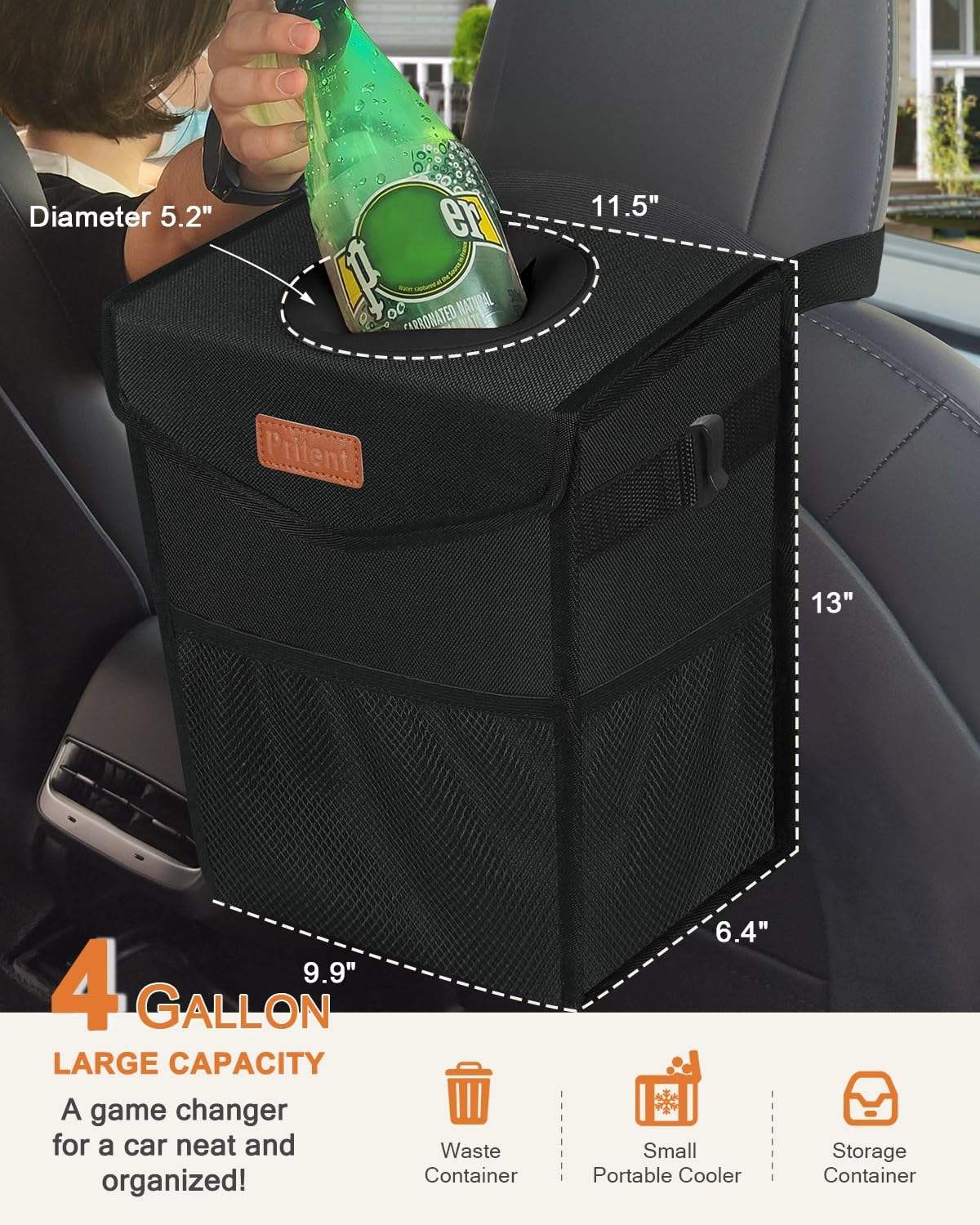 Pritent Car Trash Can with Lid, Cute Leakproof Car Trash Garbage Bag Hanging Vehicle Trash Bin Small Portable Automotive Garbage Cans Organizer for Back/Front Seat/Console(Trapezoid,Black)