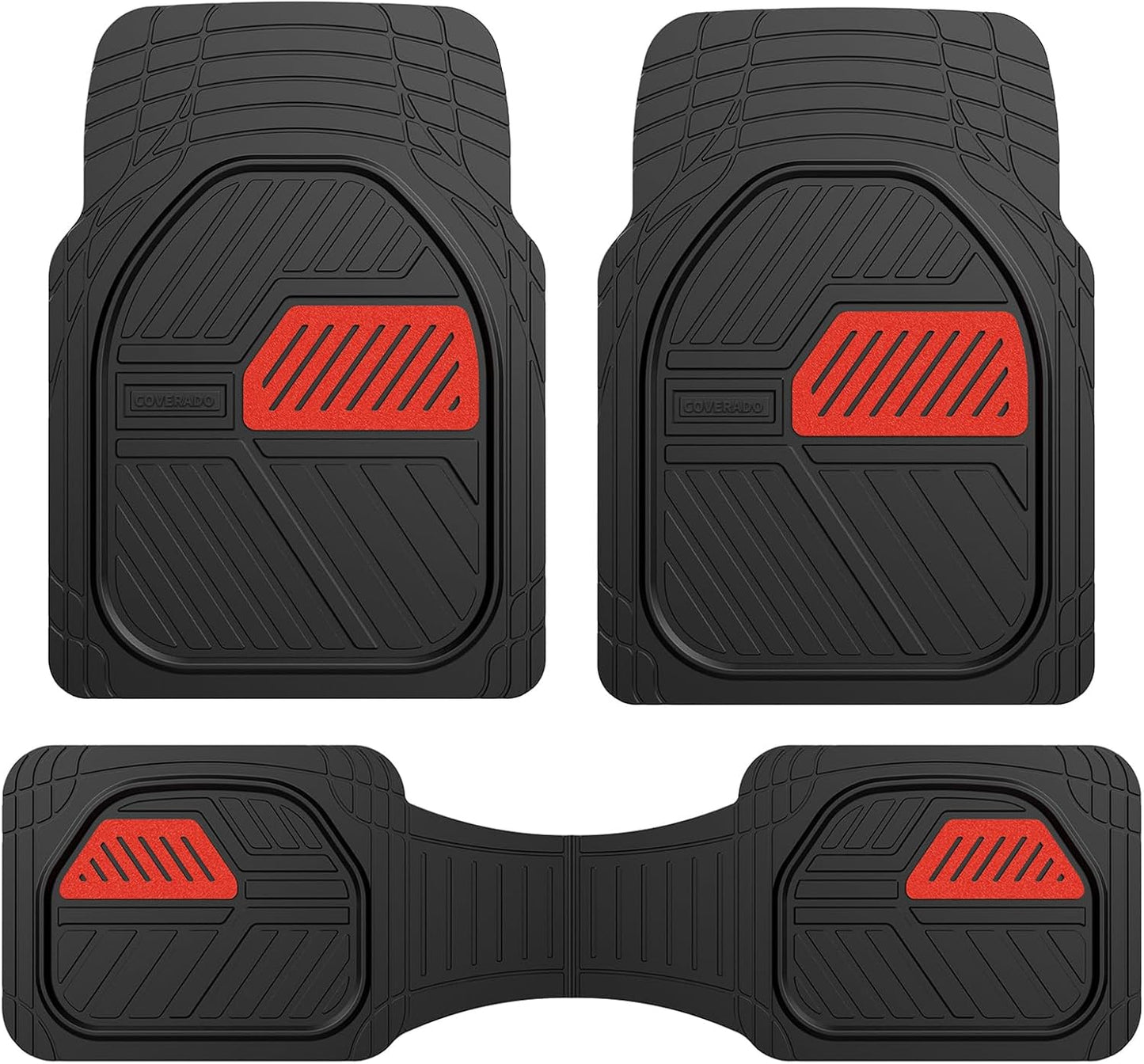 Coverado Car Floor Mats All Weather Waterproof Deep Dish Anti-Slip Car Mats Set, Heavy Duty Rubber Floor Mats for Cars, Universal Trim to Fit Automotive Floor Mats for Cars Trucks SUV, Black&Red