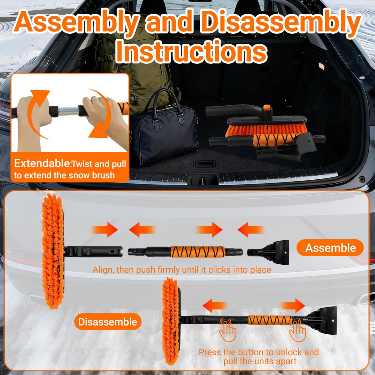 33" Extendable Snow Brush and Ice Scraper for Car Windshield, 2-in-1 Car Snow Brush & Ice Scraper with 360° Pivoting Brush Head and Comfortable Foam Grip for SUV Trucks Sedans,Orange ﻿
