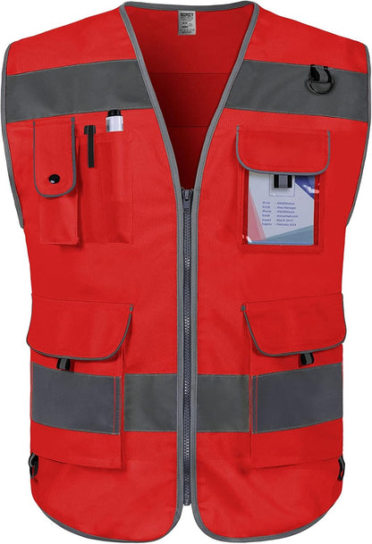 TCCFCCT Safety Vest for Men Women 9 Pockets High Visibility Vest for Safety, Reflective Work Vest with Reflective Strips, Meets ANSI/ISEA Standards, (Yellow, Large)