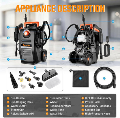 This Hill 2-in-1 Pressure Washer and Steam Cleaner, 3000 PSI 2 GPM Power Washer, 1500W Steam Cleaner with 1L Tank, Portable Cleaning Machine for Car Detailing, Patio, Tile, Grout, Furniture