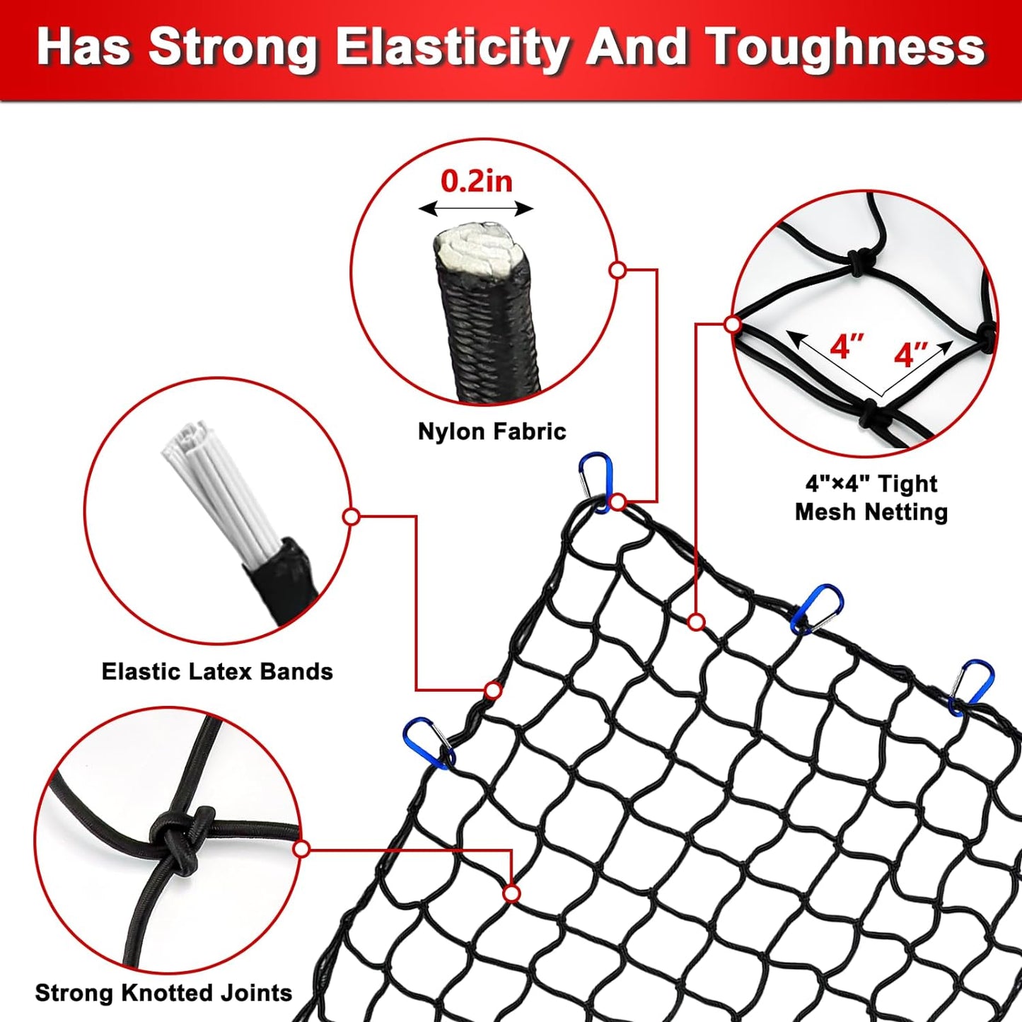 Cargo Net 4' x6' Stretches to 8' x 12' Truck Cargo Net for Pickup Truck Bed- Small 4"x4" Mesh Grid Super Duty Bungee Heavy Duty Bed Netting with 12 Adjustable Metal Carabiners by Cenipar