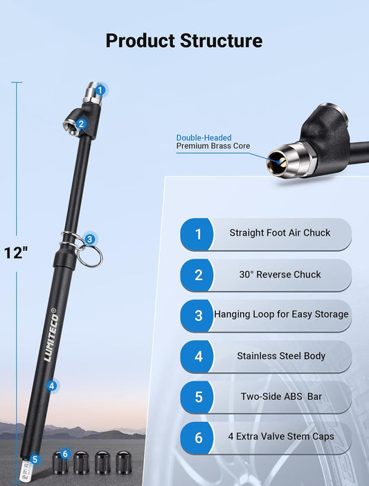 LUMITECO 12'' Dual Head Tire Pressure Gauge, Heavy Duty Truck Tire Gauge Range 10-150PSI 1-10Bar for Tire Pressure Checker, Straight-On Tire Air Gauge Extended Tube for Semi Truck, RV, Car, Motorcycle