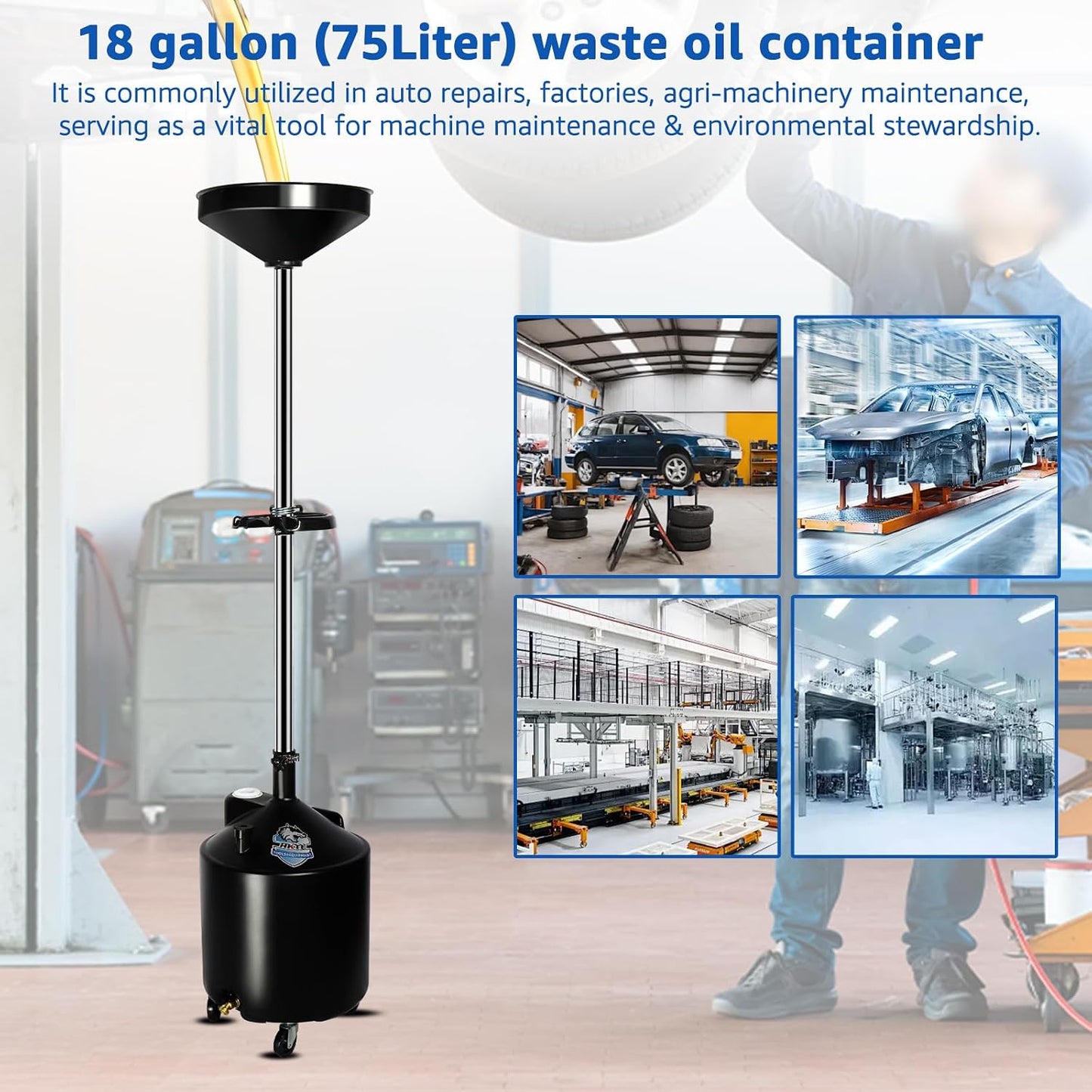 HKTE 2.6Gallon（10L） Oil Drain Pan, Heavy Duty Leak-Proof Low Profile HDPE Container with Wide Mouth Funnel & Reinforced Handles for Cars, SUVs & Trucks