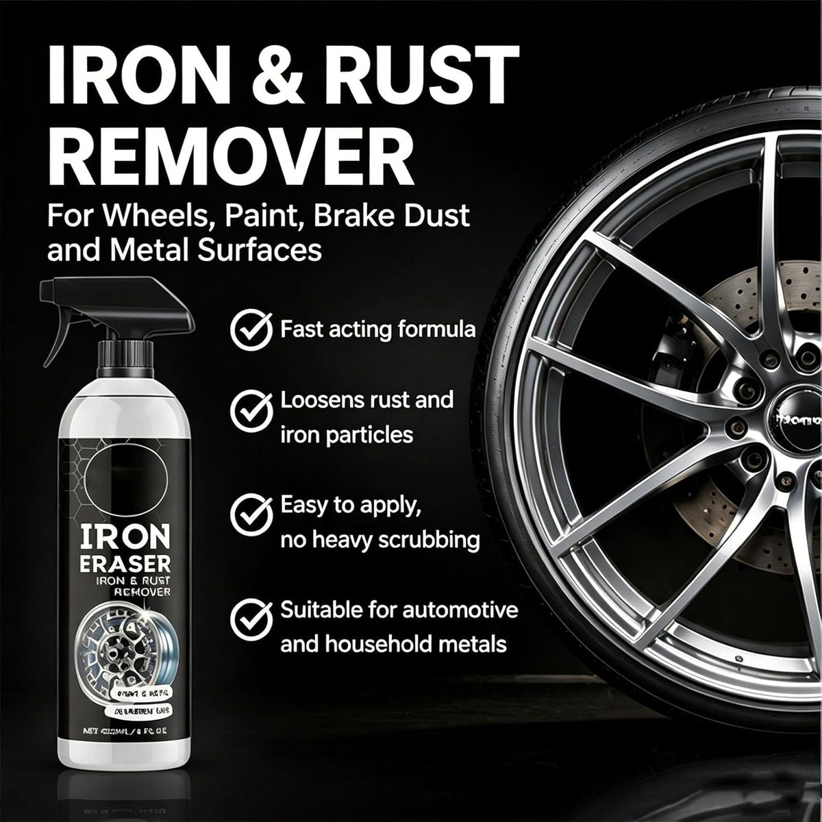 Iron Eraser Rust Remover Spray, Iron Eraser Iron and Rust Remover for Car Wheels and Paint, Fast Acting Rust and Brake Dust Remover, Professional Automotive Surface Cleaning (2PCS)