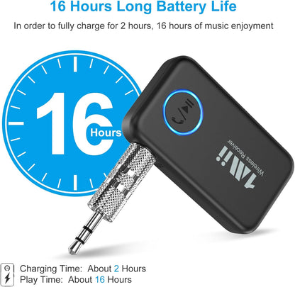 1Mii Bluetooth 5.3 Music Receiver for Car/Home Stereo, Aux Bluetooth Adapter for Car with Volume Control Supports Hands Free Calls, 16H Battery Life
