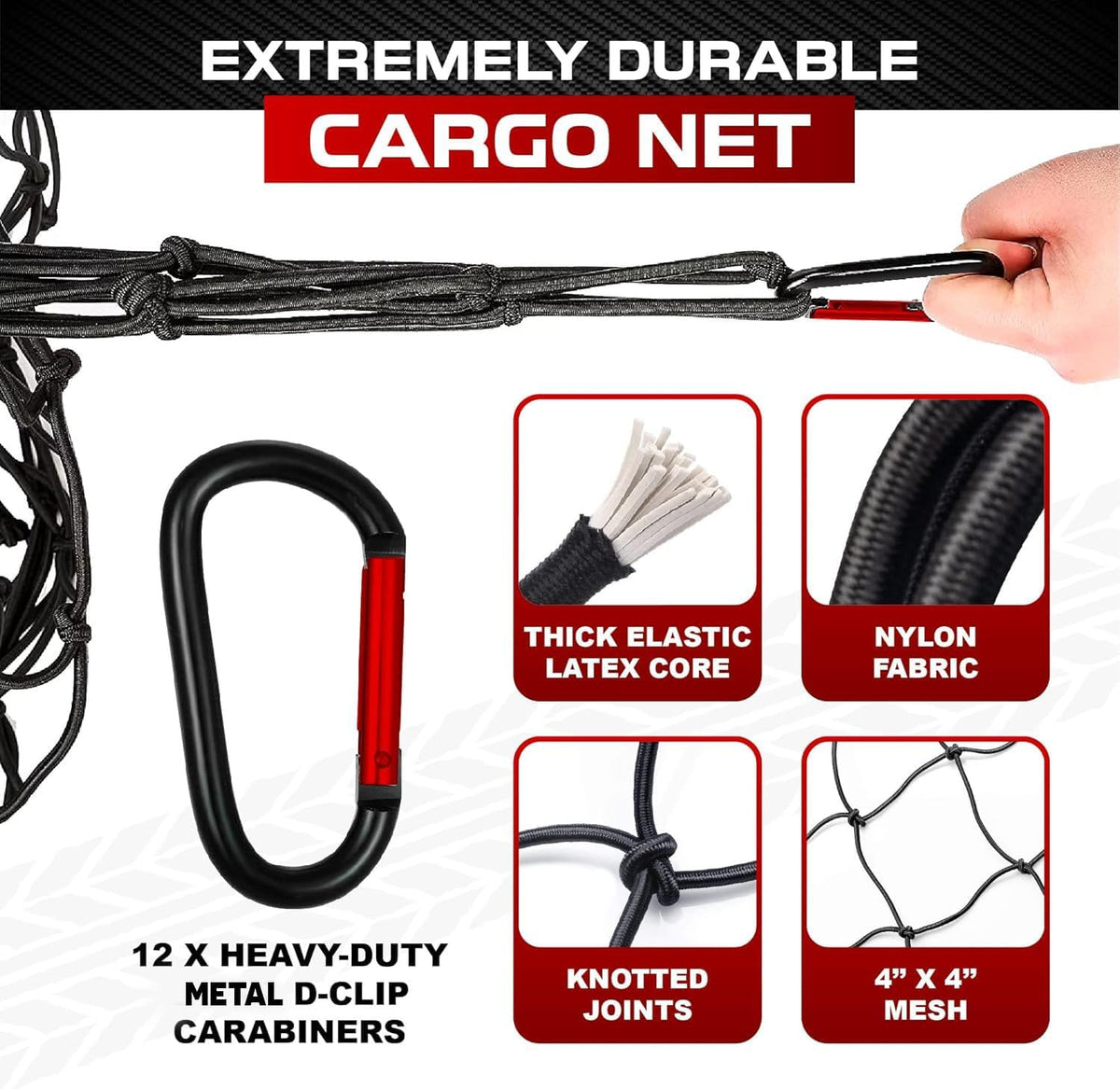 [Premium] 4'x6' Heavy Duty Cargo Net Stretches to 8' x 12', Extra Thick 10mm Cord Bungee Cargo Netting for Pickup Truck Bed, Roof Rack Net & 12 PCS Steel Carabiners