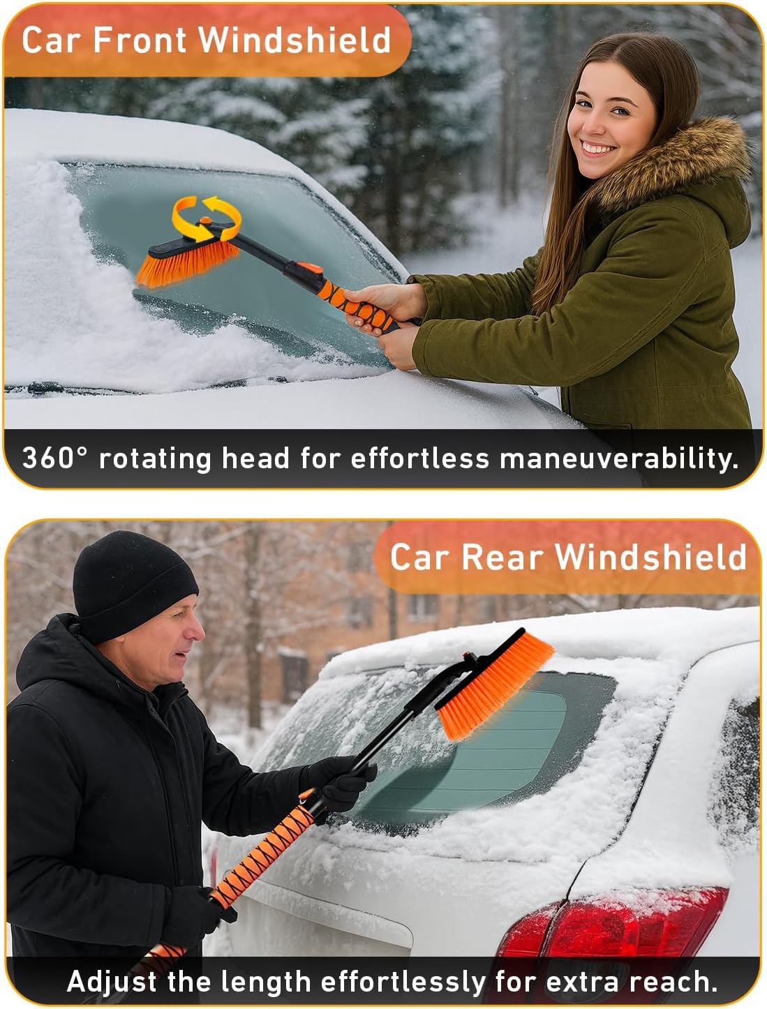 EcoNour 27" 3 in 1 Snow Brush with ice Scraper for car Windshield and Window | 360° Aluminum Rotatable Snow Brush for car | Winter Snow Removal Tools with Detachable Foam Grip | Winter Car Accessories