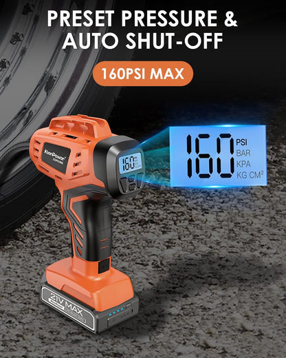 KeenPower Tire Inflator Portable Air Compressor - Super Fast - 21V Rechargeable Battery Powered Handheld 160PSI Tire Inflator, Dual Power Supply Modes, Portable Air Pump for Car Motorcycle E-Bike