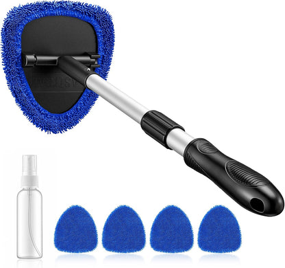 AstroAI 21" Windshield Cleaner Tool, Car Interior Detailing Cleaning Kit with Extendable Handle and 4 Upgraded High-Density Reusable Microfiber Pads, Auto Glass Wiper Brush Kit for Cars, Blue