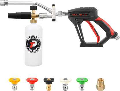 Tool Daily Short Pressure Washer Gun with Foam Cannon, 1/4 Inch Quick Connector, with 5 Pressure Washer Nozzle Tips, 1 Liter