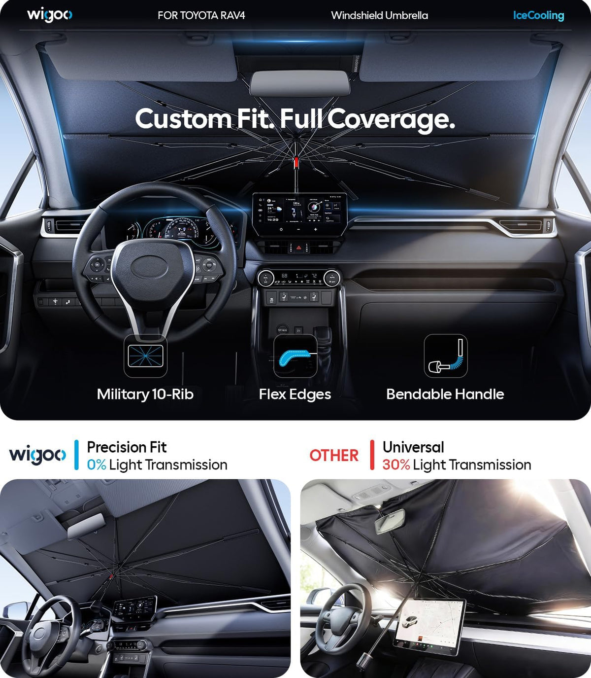 Wigoo Windshield Sun Shade Umbrella for Tesla Model Y [100% Sun Blockage, Ice Cooling Fabric] Foldable Heat Insulation Front Window Sunshade Umbrella for Tesla Model Y 2020–2026 (Juniper)