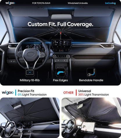Wigoo Windshield Sun Shade Umbrella for Tesla Model Y [100% Sun Blockage, Ice Cooling Fabric] Foldable Heat Insulation Front Window Sunshade Umbrella for Tesla Model Y 2020–2026 (Juniper)