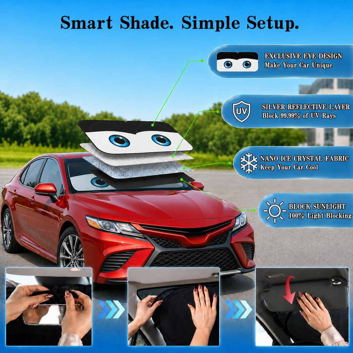Car Windshield Sun Shade, Funny Cartoon Eyes Sun Visor for Car Windshield Universal Fits Sedan Compact Car Hatchback SUV, UV Heat Protection - 59 x 27.5