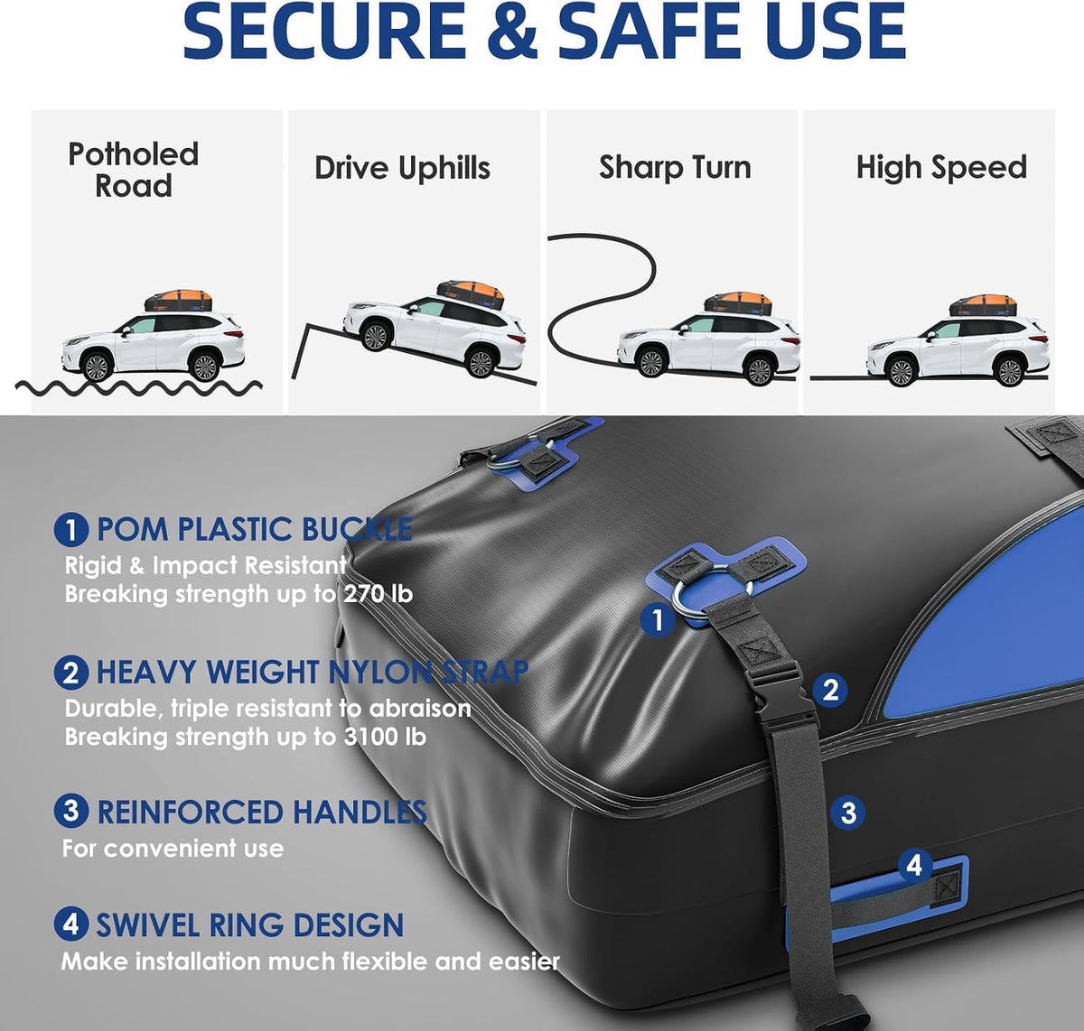 Asinking Car Rooftop Cargo Carrier Bag, 100% Waterproof Non-Rip 20 Cubic Feet Car Roof Bag for All Vehicles with/Without Rack, Includes Non-Slip Mat, Luggage Lock, 4 Door Hooks, Storage Bag