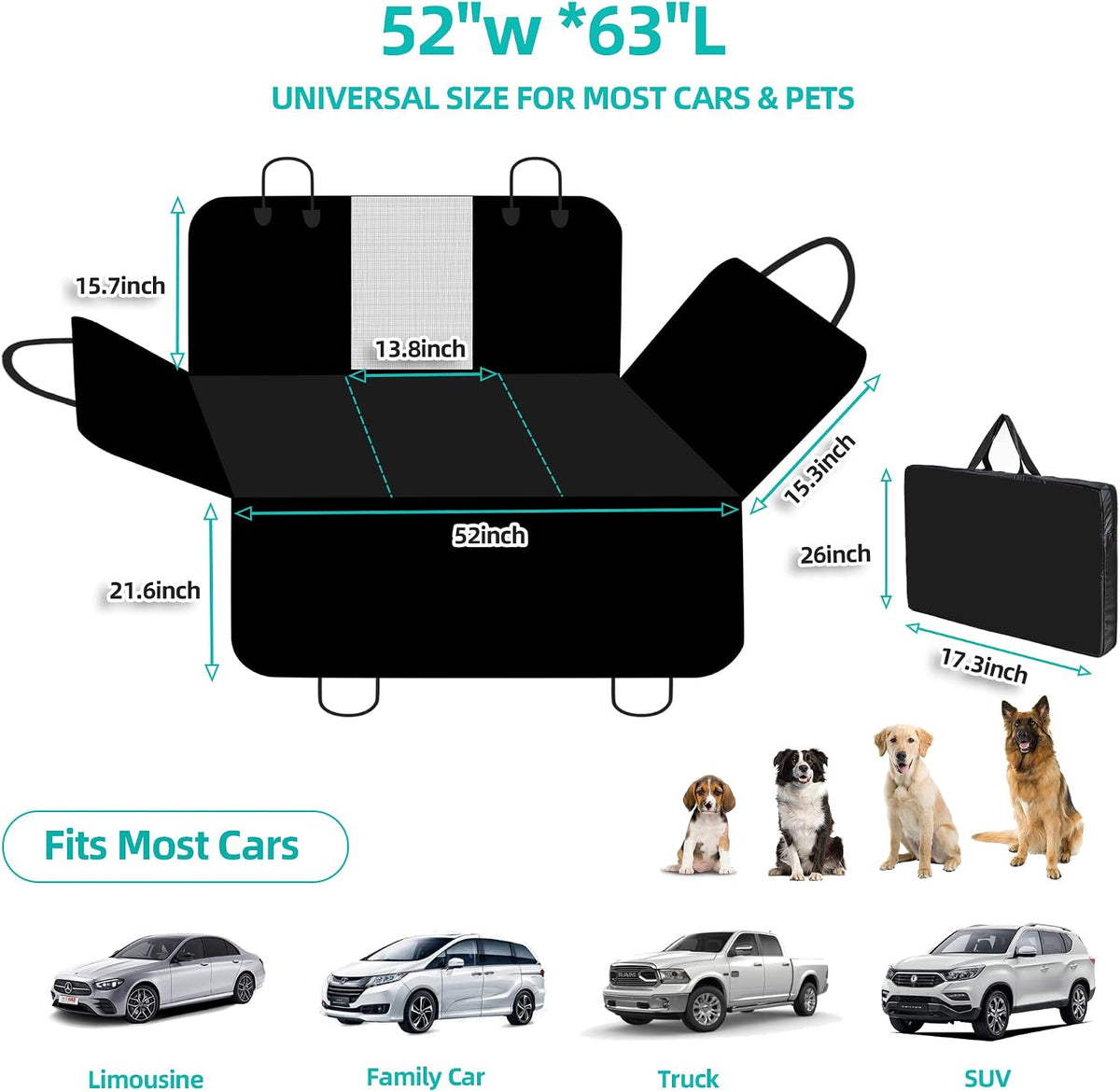 petalage Bench Dog Car Seat Cover for Back Seat Waterproof Seat Covers Durable Scratch Proof Nonslip, Protector for Pet Fur & Mud Washable Backseat Cover for Cars Armrest Compatible