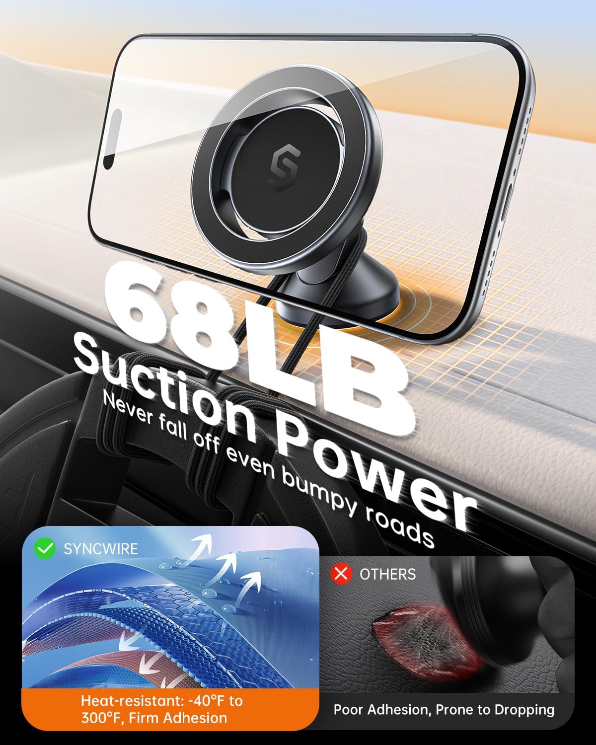 SYNCWIRE MagSafe Car Mount, Magnetic Car Phone Holder for Car Dashboard, 360° Rotating Strong Magnet Phone Mount with 3M VHB Adhesive, Compatible with iPhone 17/16/15/14/13/12 & MagSafe Cases