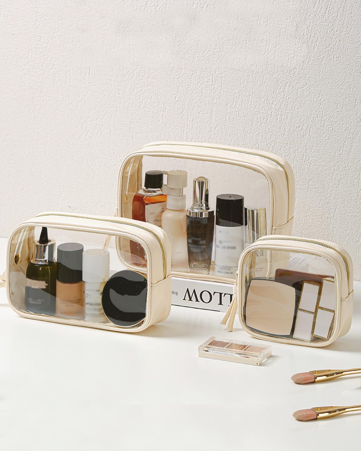 3Pcs Travel Clear Makeup Bag Set for Women, Transparent Toiletry Bag with Zipper Portable Makeup Pouch Organizer Waterproof Small Cosmetic Bag Compact Car Bag Organizer Car Accessories (White Set)