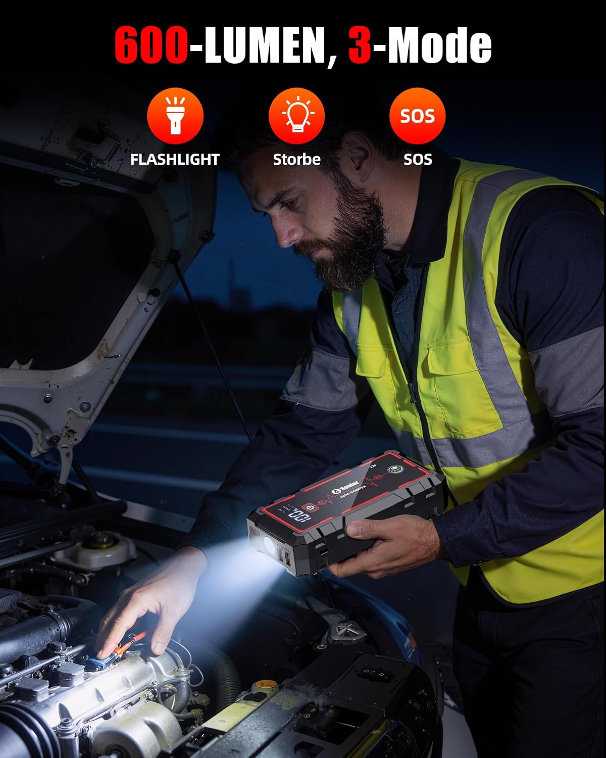 Jump Starter, Battery Jumper Starter Portable, Car Battery Jump Starter with 3 Modes Flashlight, Compass, Power Bank and Jumper Cable