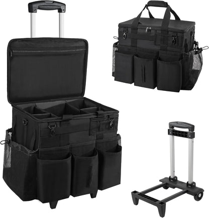 SCAVATA Rolling Cleaning Caddy Bag with Detachable Trolley, Large Cleaning Supplies Organizer with Wheels, Multi Pocket Cleaning Cart with Adjustable Shoulder Strap for Housekeepers & Home Use, Black