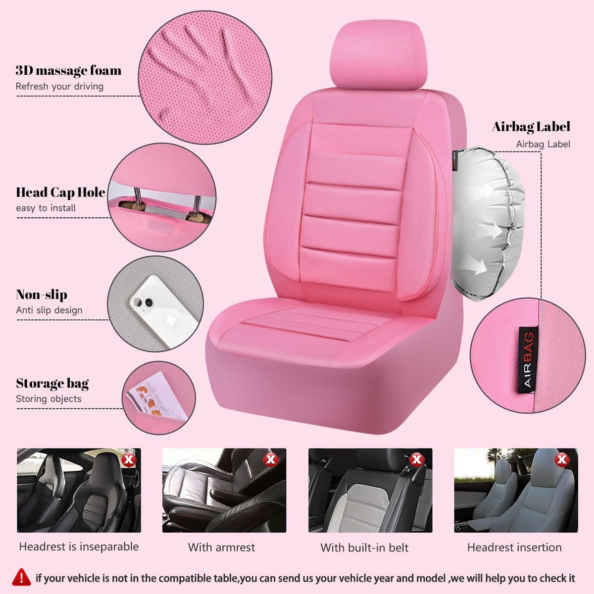 CAR PASS Leather Seat Covers Full Set Universal Water Resistant 3D Foam Back Support, Luxury Comfort Automotive 5 Seat Covers All Season Fit for SUV,Sedan,Van, Airbag Compatible Elegance(Pure Black)
