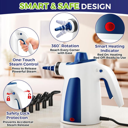 Handheld Steam Cleaner, 230°F Pressurized Steamer with No Water Spitting & Continuous Steam, 350ML Chemical-Free Deep Cleaning for Grease & Grime, 12 Accessories for Grout, Bathroom, Kitchen & Car