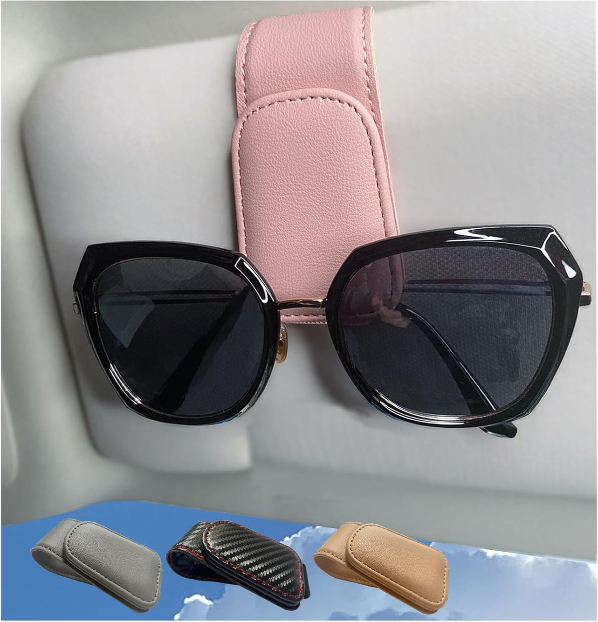 CHOSMOYI Magnetic Leather Sunglass Holder for Car, Sunglasses Clip for Car Visor, Auto Interior Accessories Universal for Different Size Eyeglasses (Black)