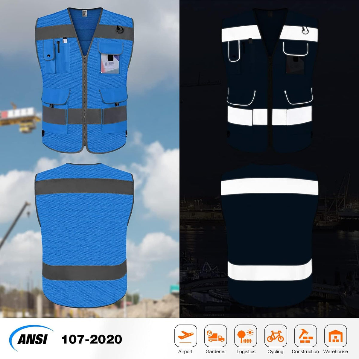 TCCFCCT Safety Vest for Men Women 9 Pockets High Visibility Vest for Safety, Reflective Work Vest with Reflective Strips, Meets ANSI/ISEA Standards, (Yellow, Large)