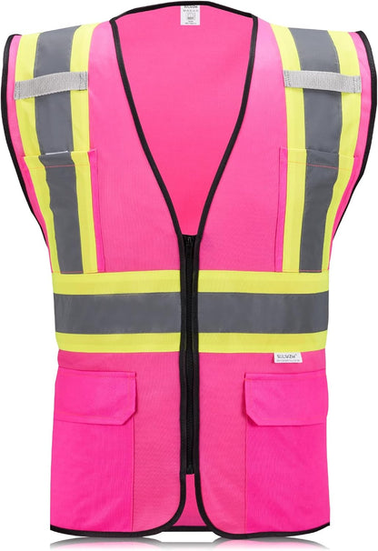High Visibility Reflective Safety Vest with Zipper and Pockets Orange,M