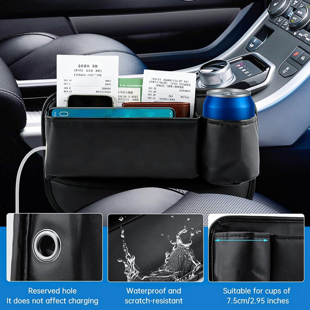 2Packs Car Seat Filler Organizer, Seat Gap Storage Box with Water Cup Holder & 4 Car-Seat Headrest Hooks, Universal fit for Most Car, for Phone, Keys, Wallet, Sunglasses and Bottles, Prevent Dropping