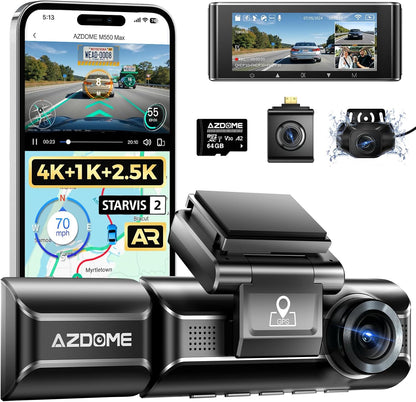 AZDOME M550 Max 4K 3 Channel Dash Cam, Dual STARVIS 2 Sensors, 4K+2.5K+1080P Front and Rear Inside Triple Car Camera, Built-in WiFi GPS, 64GB Card Included, IR Night Vision, Ride Share Accessories