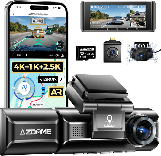 AZDOME M550 Max 4K 3 Channel Dash Cam, Dual STARVIS 2 Sensors, 4K+2.5K+1080P Front and Rear Inside Triple Car Camera, Built-in WiFi GPS, 64GB Card Included, IR Night Vision, Ride Share Accessories