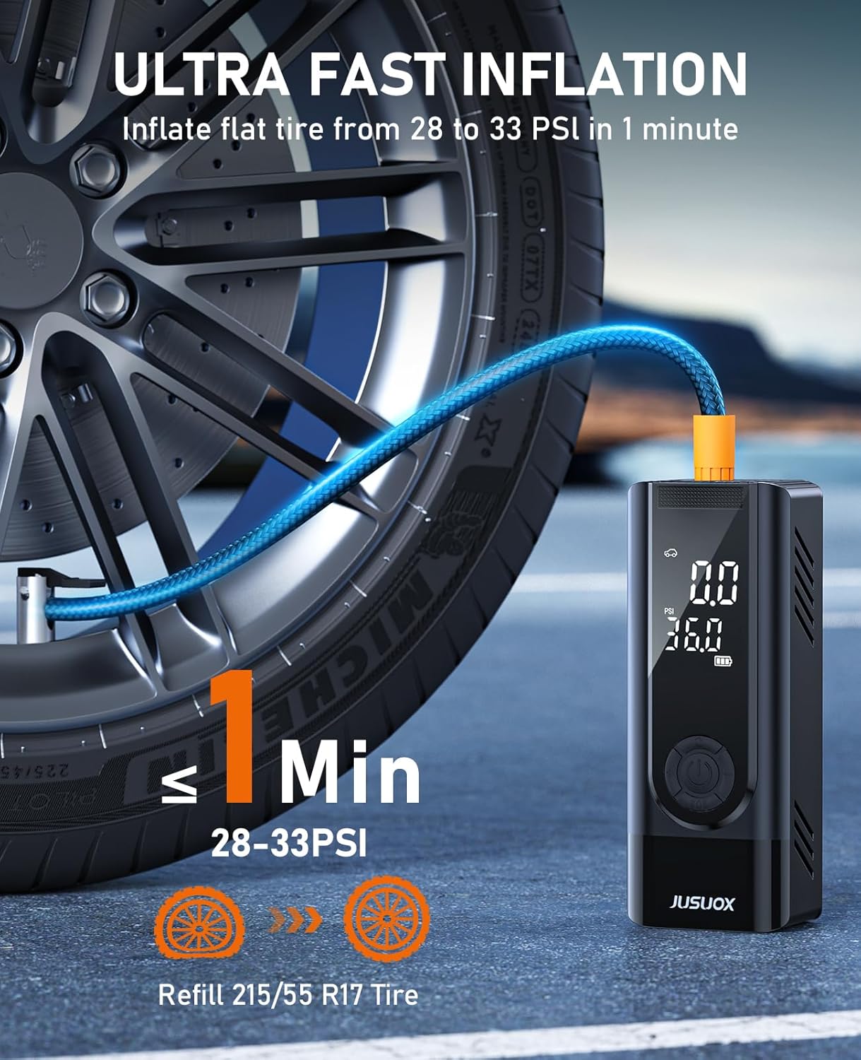 JUSUOX Tire Inflator Portable Air Compressor, Dual Power (Cordless & 12V DC) Air Pump for Car Tires, 150PSI Fast Air Pump for Moto, Bike, Large Capacity Battery, Digital Gauge with Emergency LED Light