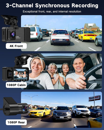 WECOOL 4K UHD 3 Channel Dash Cam Front and Rear Inside, Free 64GB Card Included, 360° Wide-Angle Full-View Dash Camera for Cars with Night Vision, 24H Parking Mode, G-Sensor, Loop Recording, 5GHz WiFi
