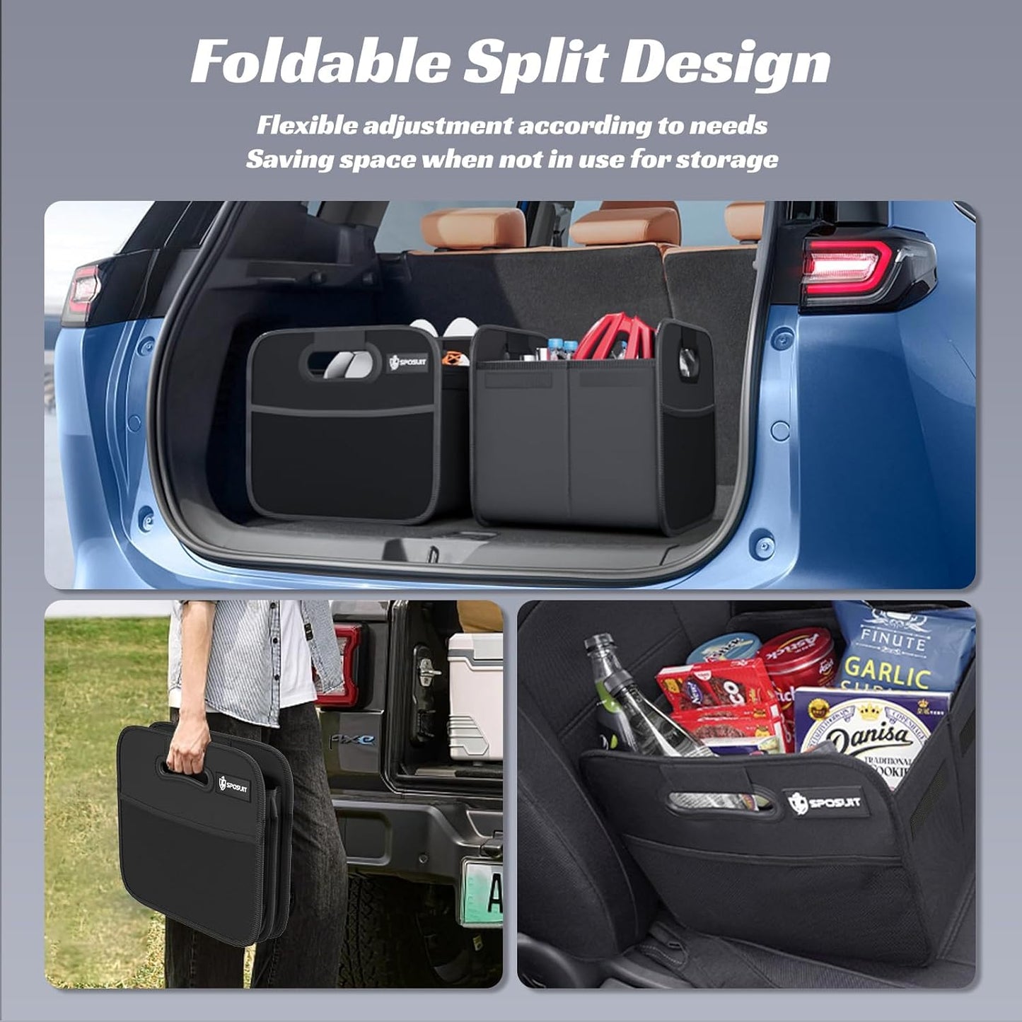Sposuit Trunk Organizer for Car - 70L Collapsible Car Storage with 11 Pockets & Reinforced Handles, SUV Trunk Organizers for Grocery Cargo(Black)