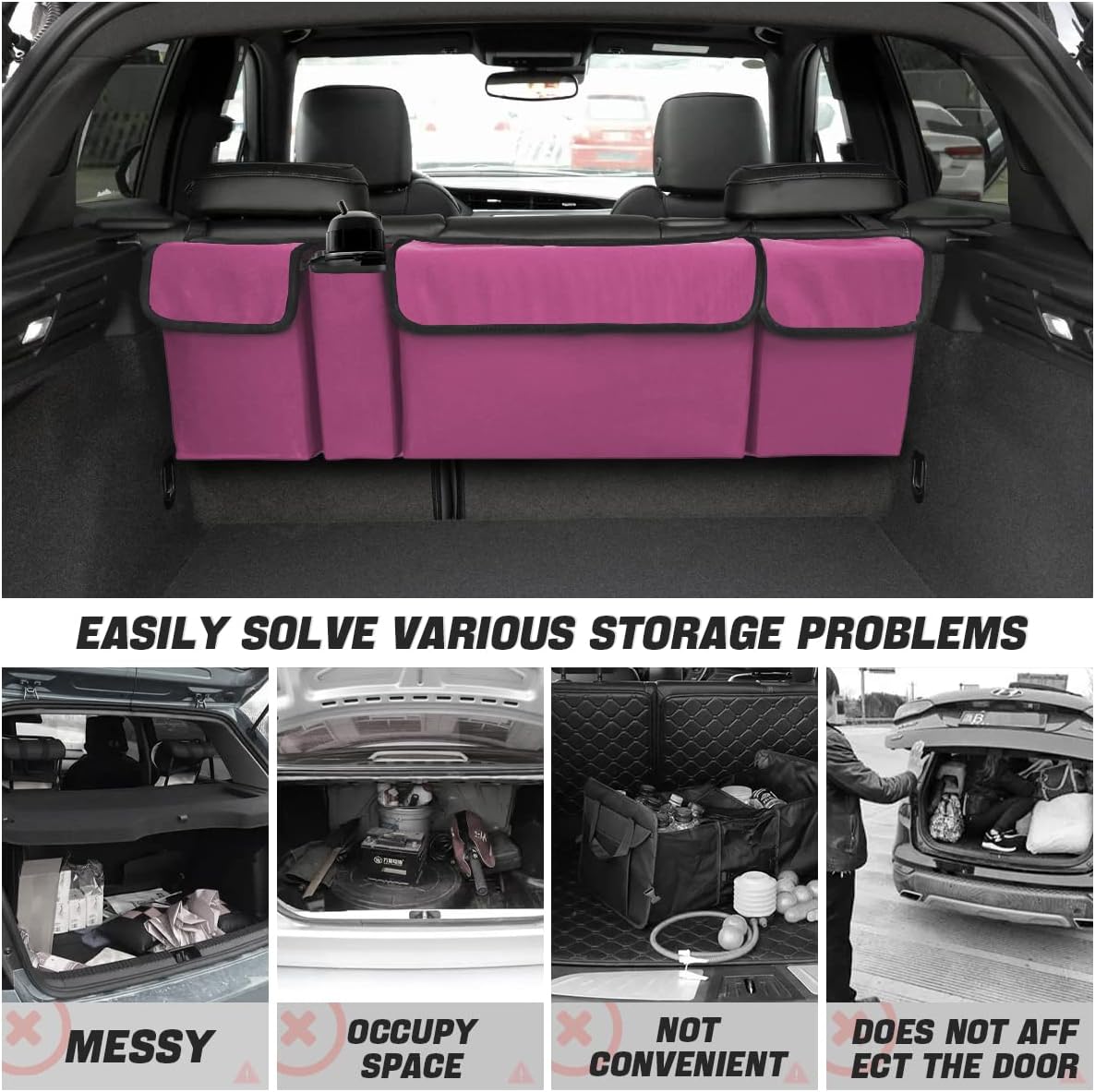 AUCELI Car Trunk Organizer, Backseat Hanging Large Storage with Adjustable Straps, Waterproof Collapsible Cargo Bag with 4 Pockets, Sturdy Space Saver Frees Trunk Floor for SUV, Truck, MPV