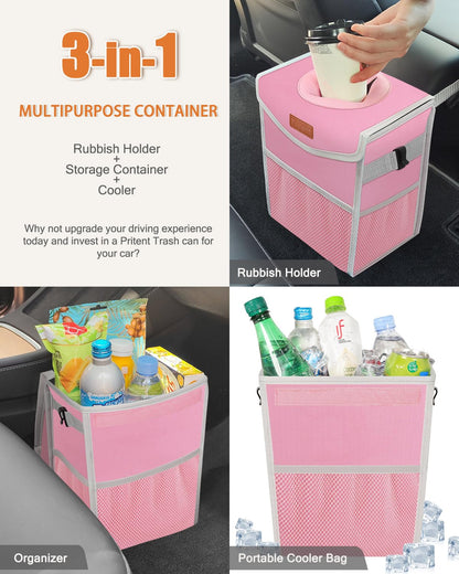 Pritent Car Trash Can with Lid, Cute Leakproof Car Trash Garbage Bag Hanging Vehicle Trash Bin Small Portable Automotive Garbage Cans Organizer for Back/Front Seat/Console(Trapezoid,Black)